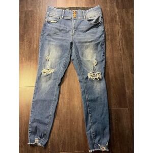 Indigo Poppy Distressed Skinny Jeans Womens Size 12 Blue High Rise Frayed Hem